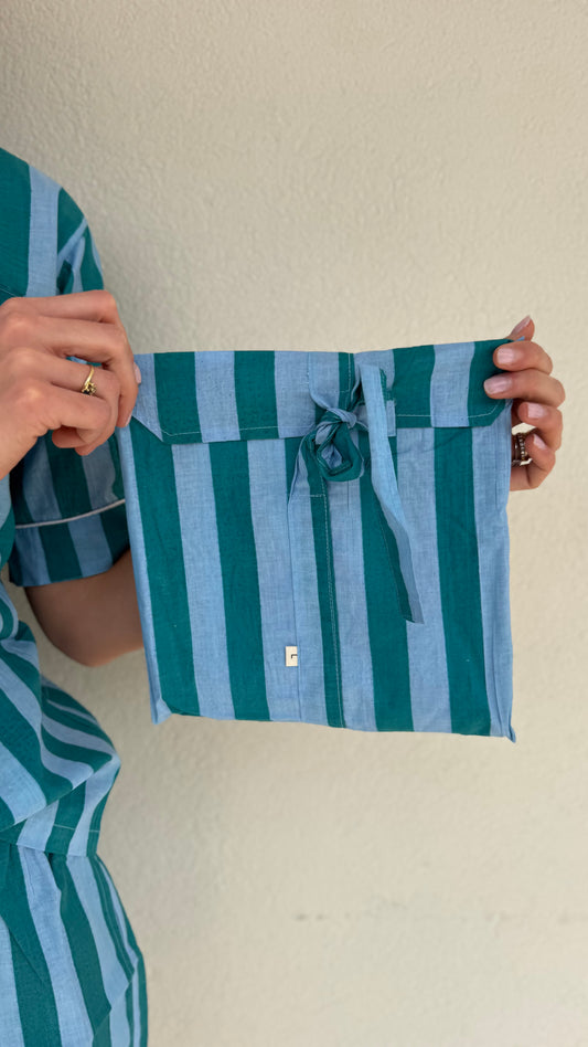 Pigiama corto 100% puro cotone organico righe blu verde ,made in Jaipur
