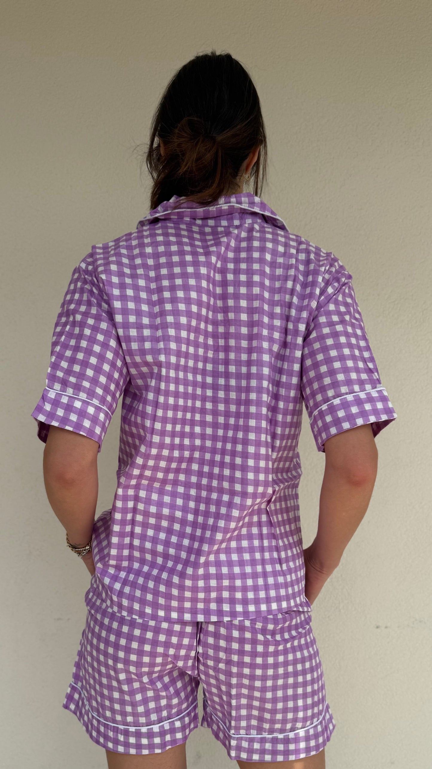 Pigiama corto 100% puro cotone organico quadretti lilla bianco,made in Jaipur