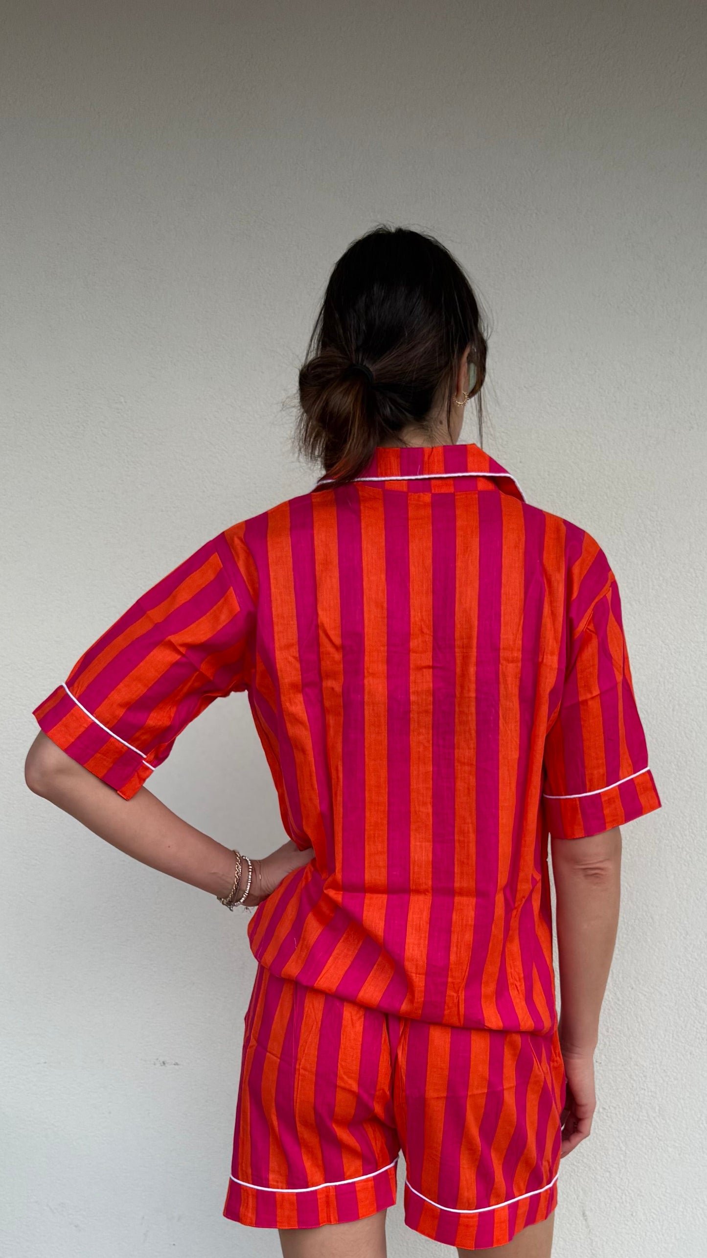 Pigiama corto 100% puro cotone organico righe arancio fuxia,made in Jaipur
