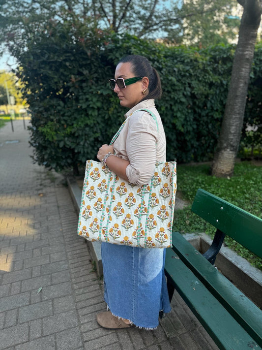 Borsa shopping a spalla stampata in cotone, Borsa trapuntata fatta a mano da donna, borsa tote fatte a mano etniche, Borsa made in India