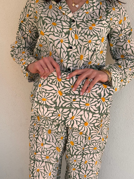 Pigiama lungo 100% puro cotone organico fantasia floreale verde, made in Jaipur