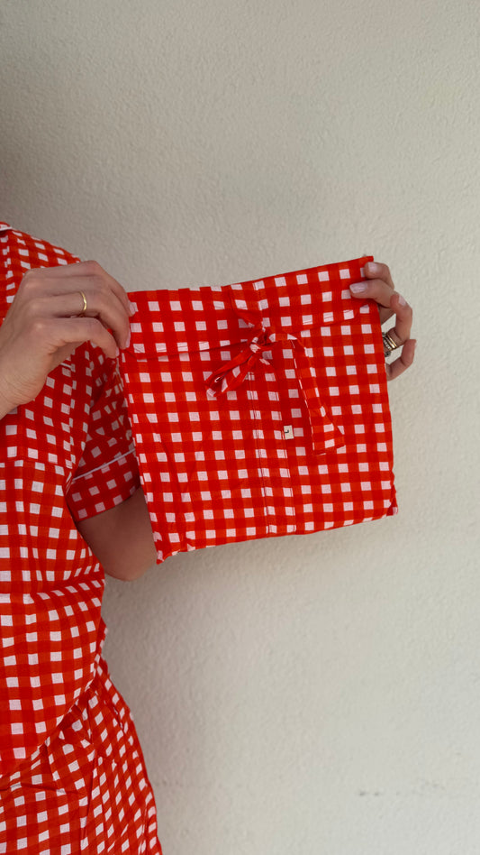 Kurzer Pyjama aus 100 % reiner Bio-Baumwolle, orange-weiß kariert, hergestellt in Jaipur