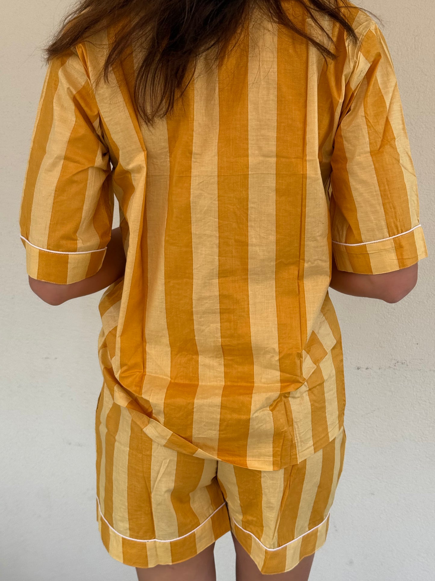 Pigiama corto 100% puro cotone organico righe giallo, made in Jaipur