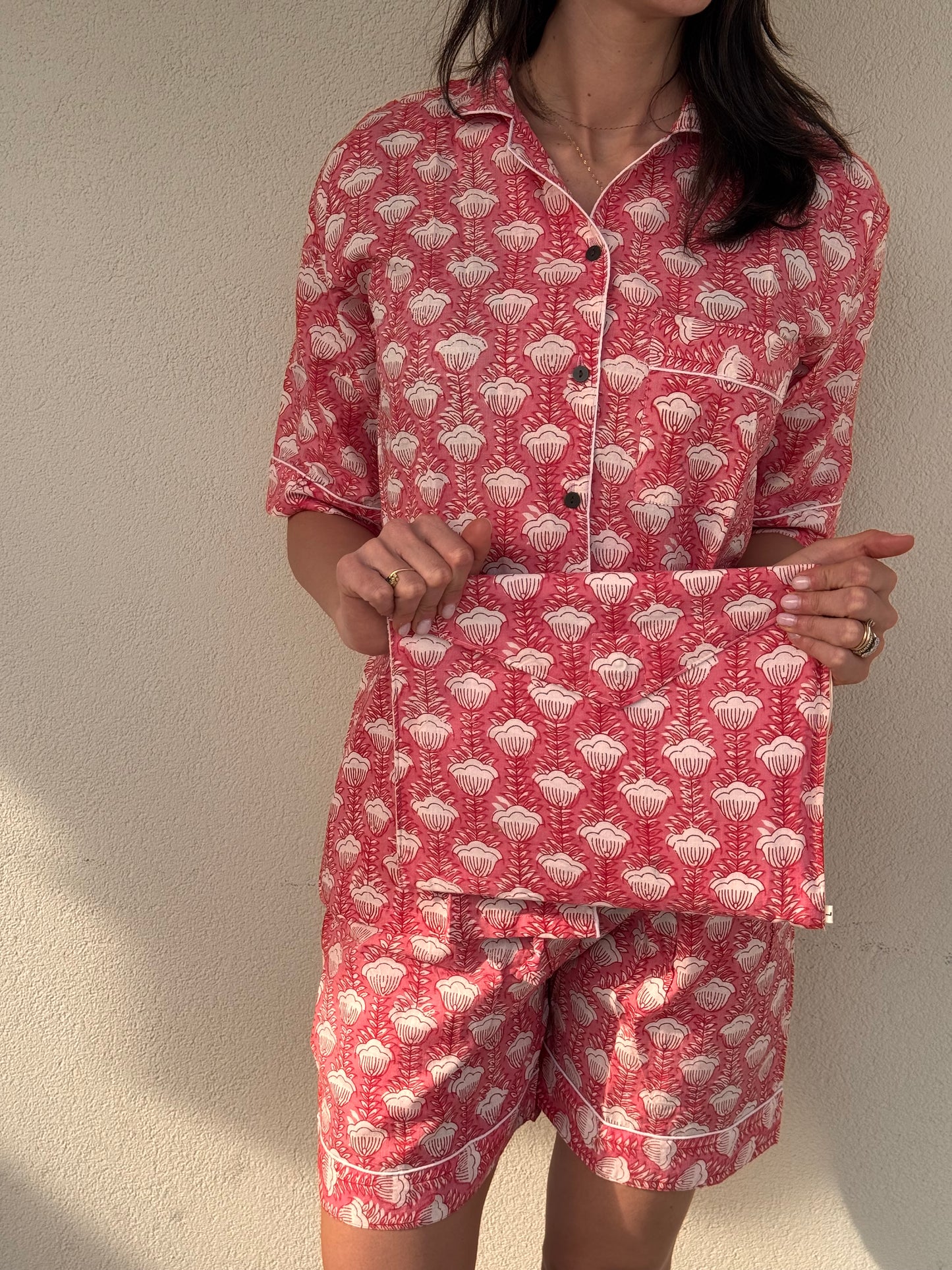 Pigiama corto 100% puro cotone organico campanelle rosa, made in Jaipur