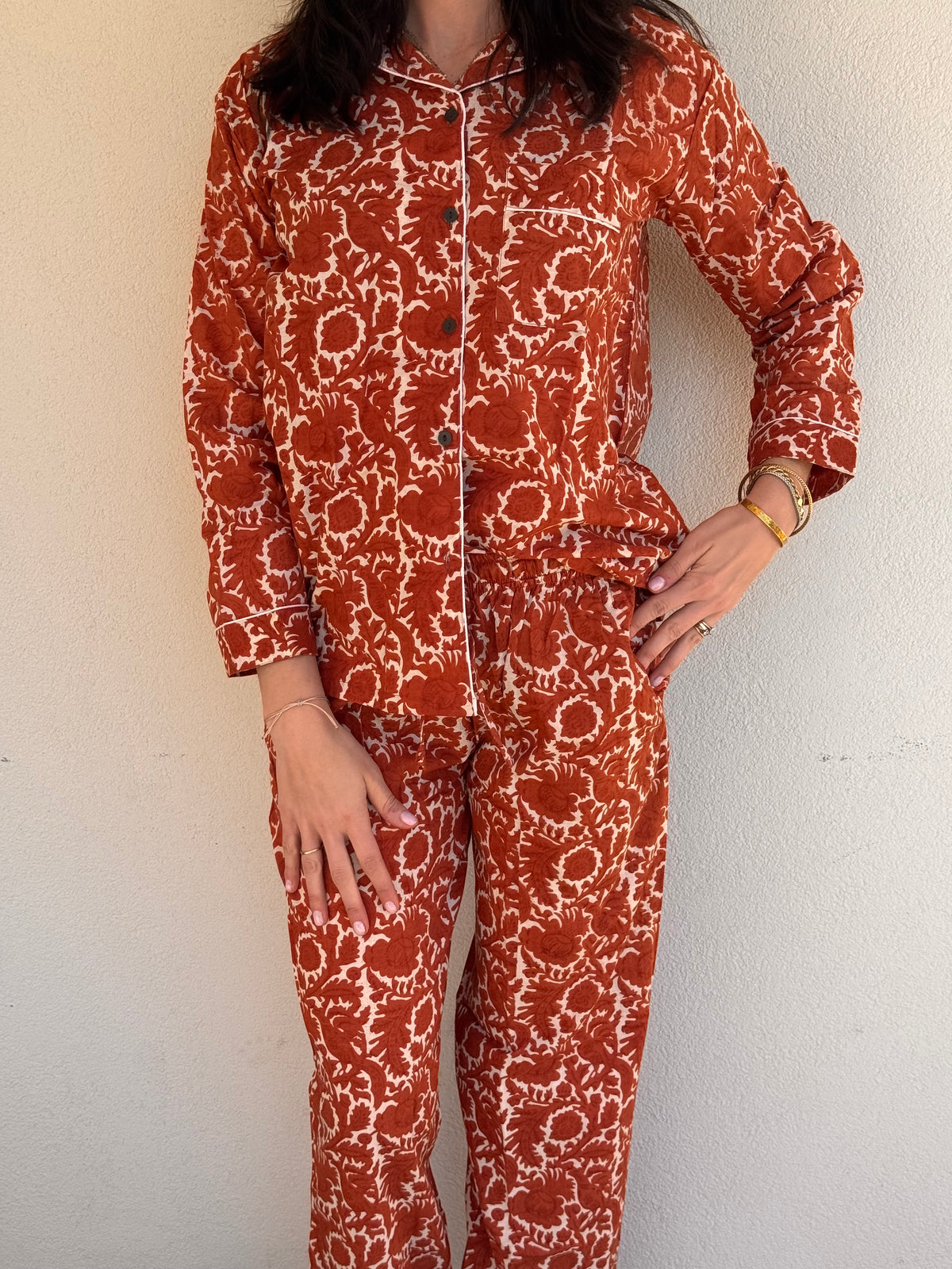 Langer Pyjama aus 100 % reiner Bio-Baumwolle, orange, hergestellt in Jaipur