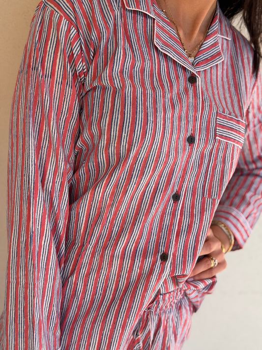 Pigiama lungo 100% puro cotone organico righe sottili made in Jaipur