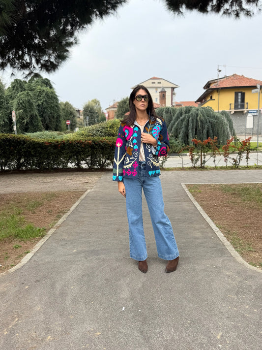 Giacca blu navy stile boho ricamata a mano, made in Jaipur