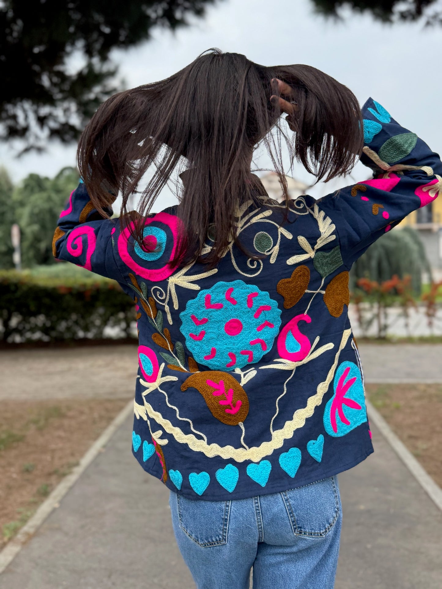 Giacca blu navy stile boho ricamata a mano, made in Jaipur