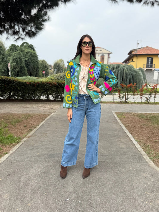 Giacca verde stile boho ricamata a mano, made in Jaipur