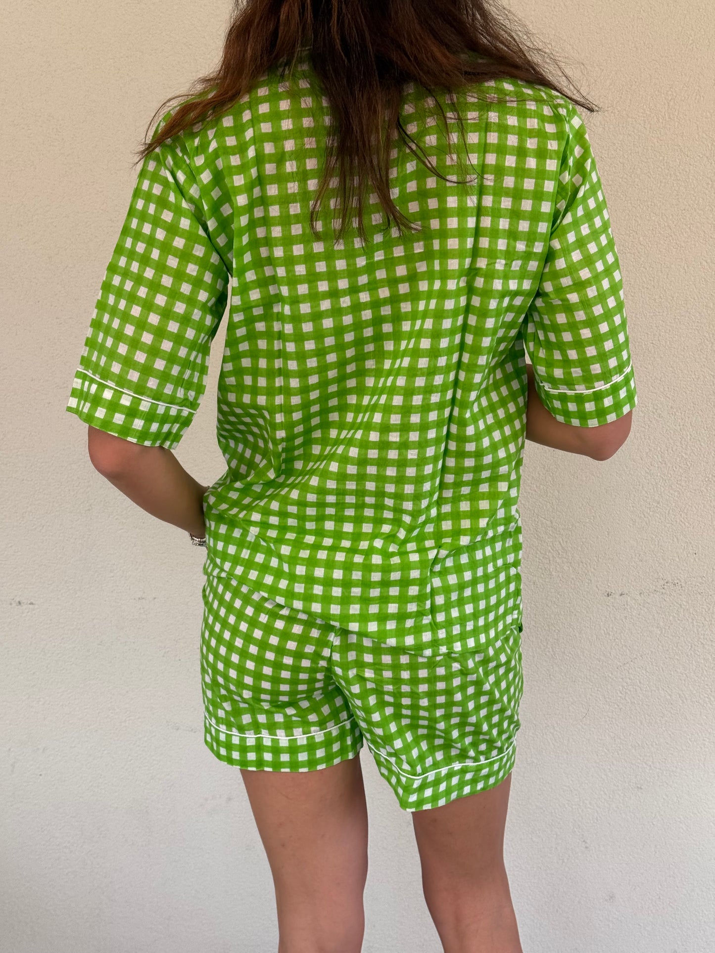 Pigiama corto 100% puro cotone organico quadri verde, made in Jaipur