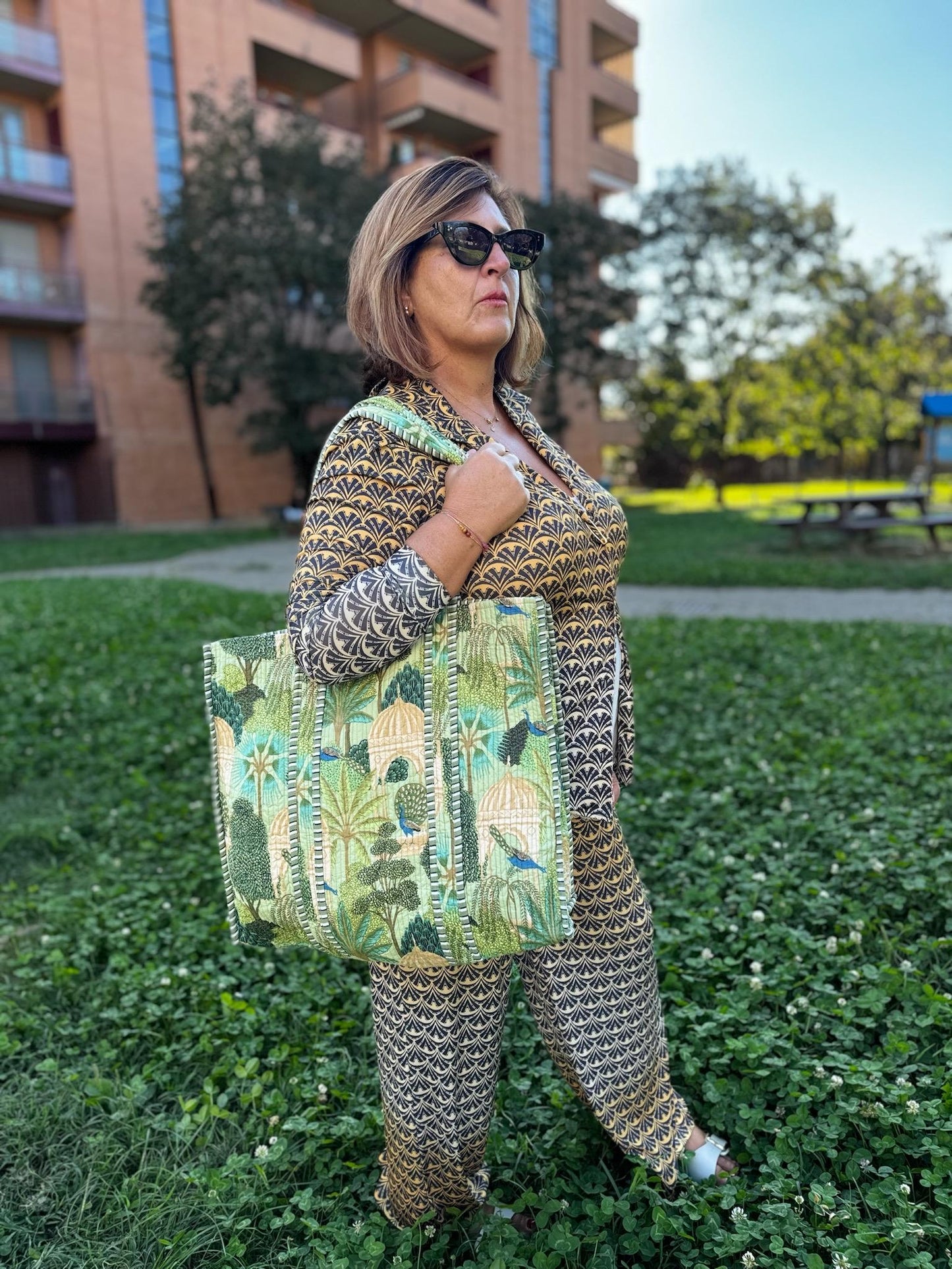 Borsa shopping a spalla stampata in cotone