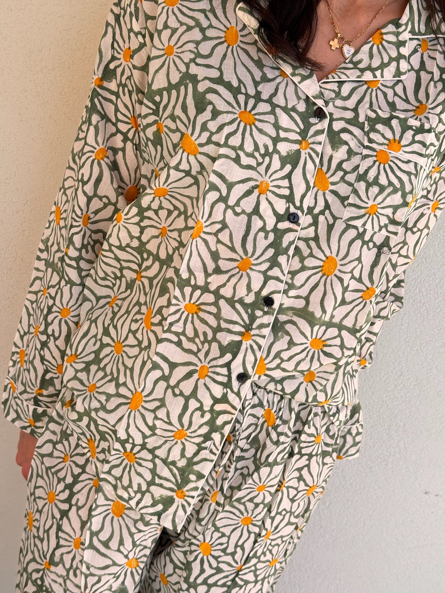 Pigiama lungo 100% puro cotone organico fantasia floreale verde, made in Jaipur