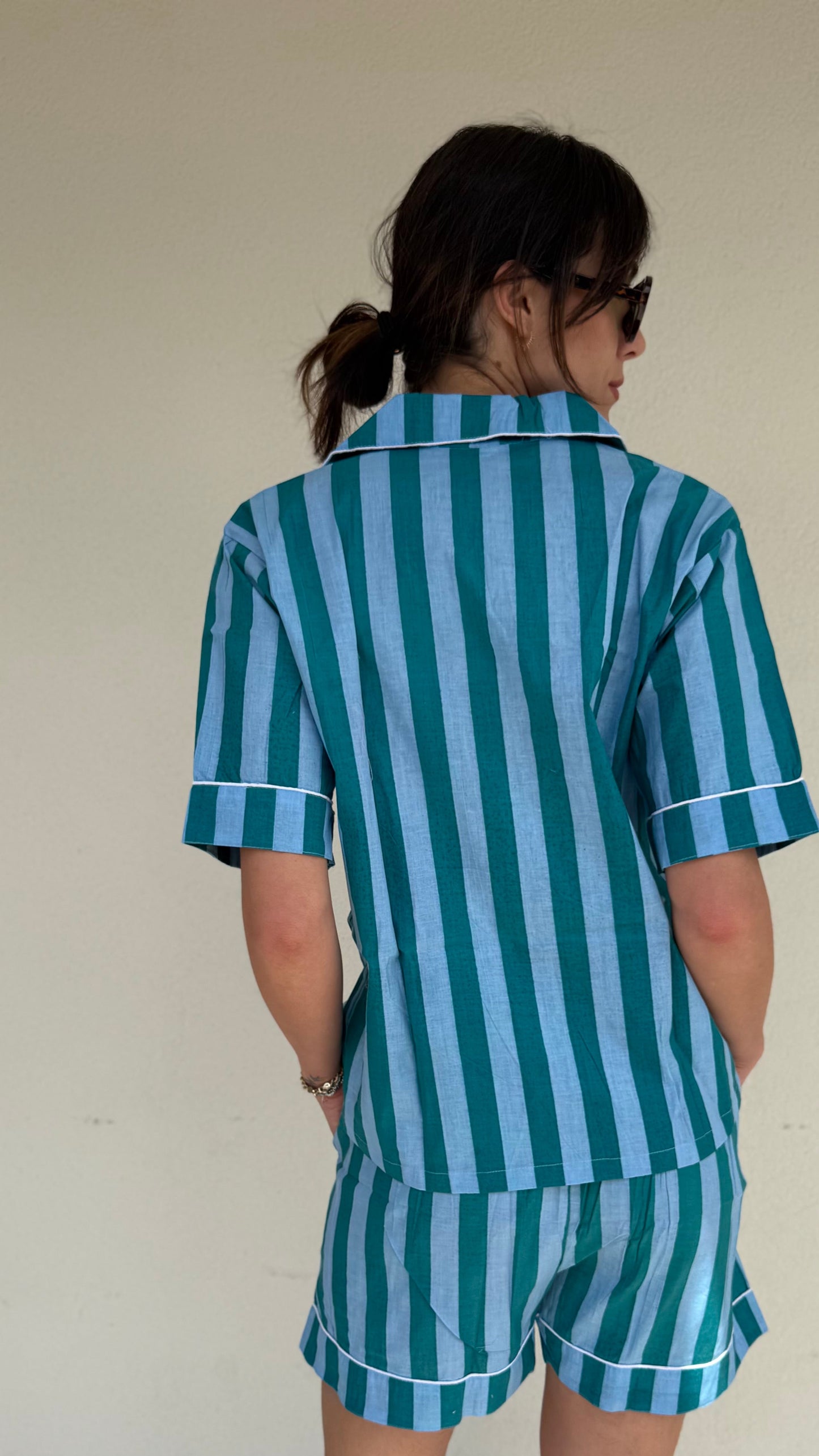 Pigiama corto 100% puro cotone organico righe blu verde ,made in Jaipur
