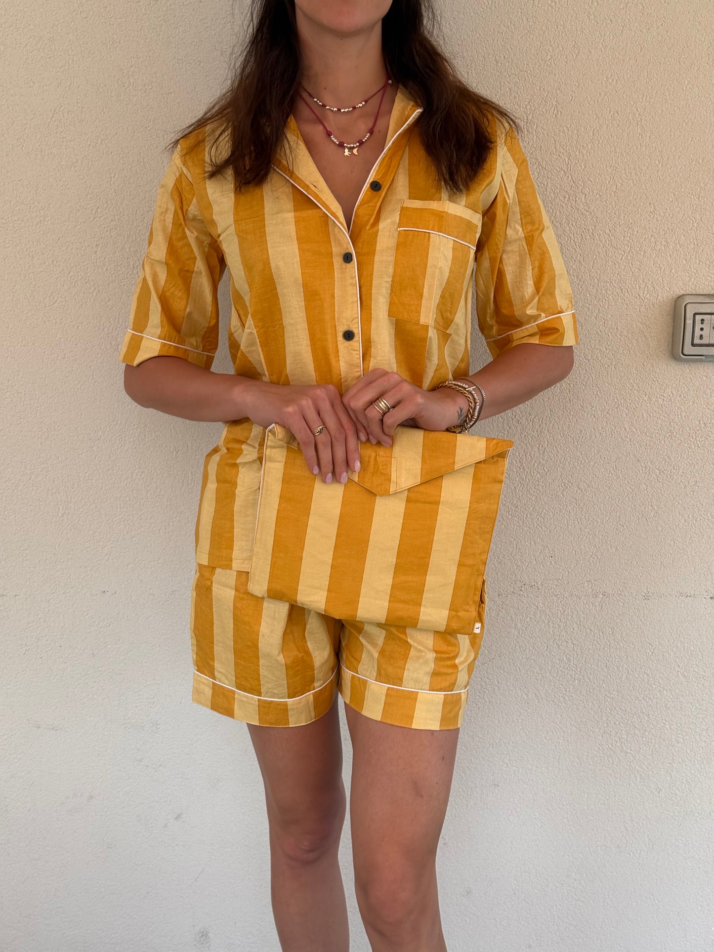 Pigiama corto 100% puro cotone organico righe giallo, made in Jaipur