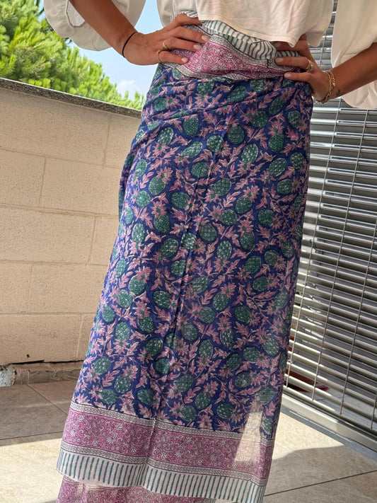 Pareo in mussola di cotone, tessuto stampato a mano. Fantasia ananas. A45