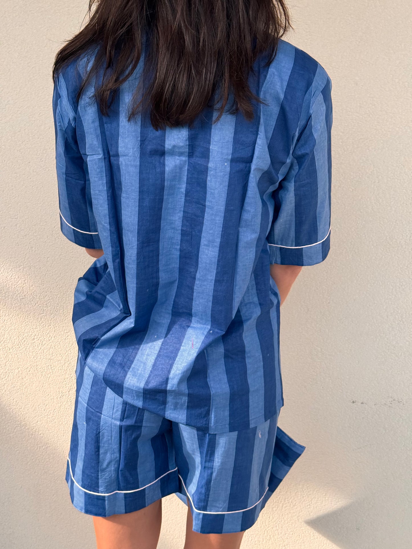 Pigiama corto 100% puro cotone organico righe blu, made in Jaipur