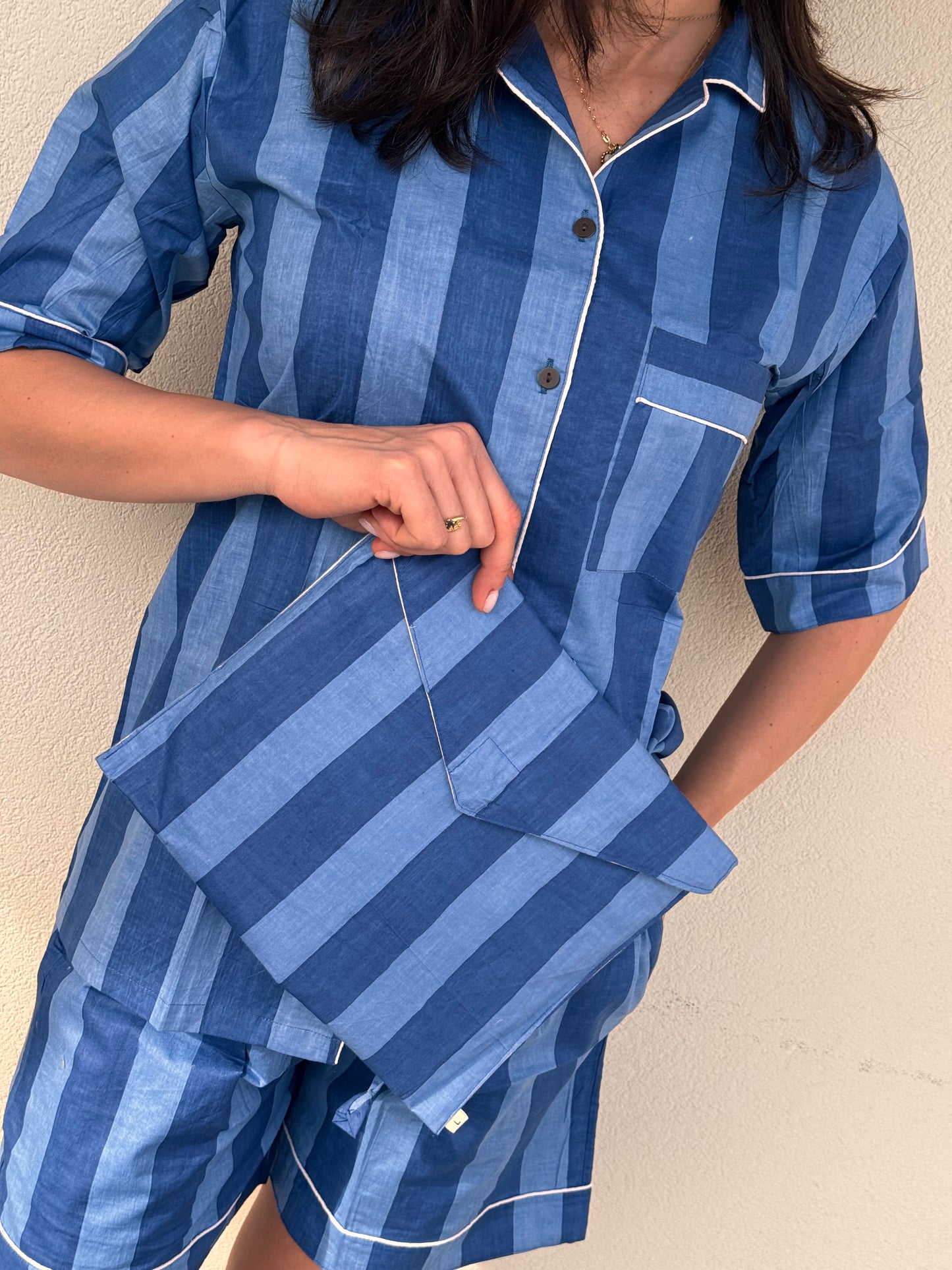 Pigiama corto 100% puro cotone organico righe blu, made in Jaipur