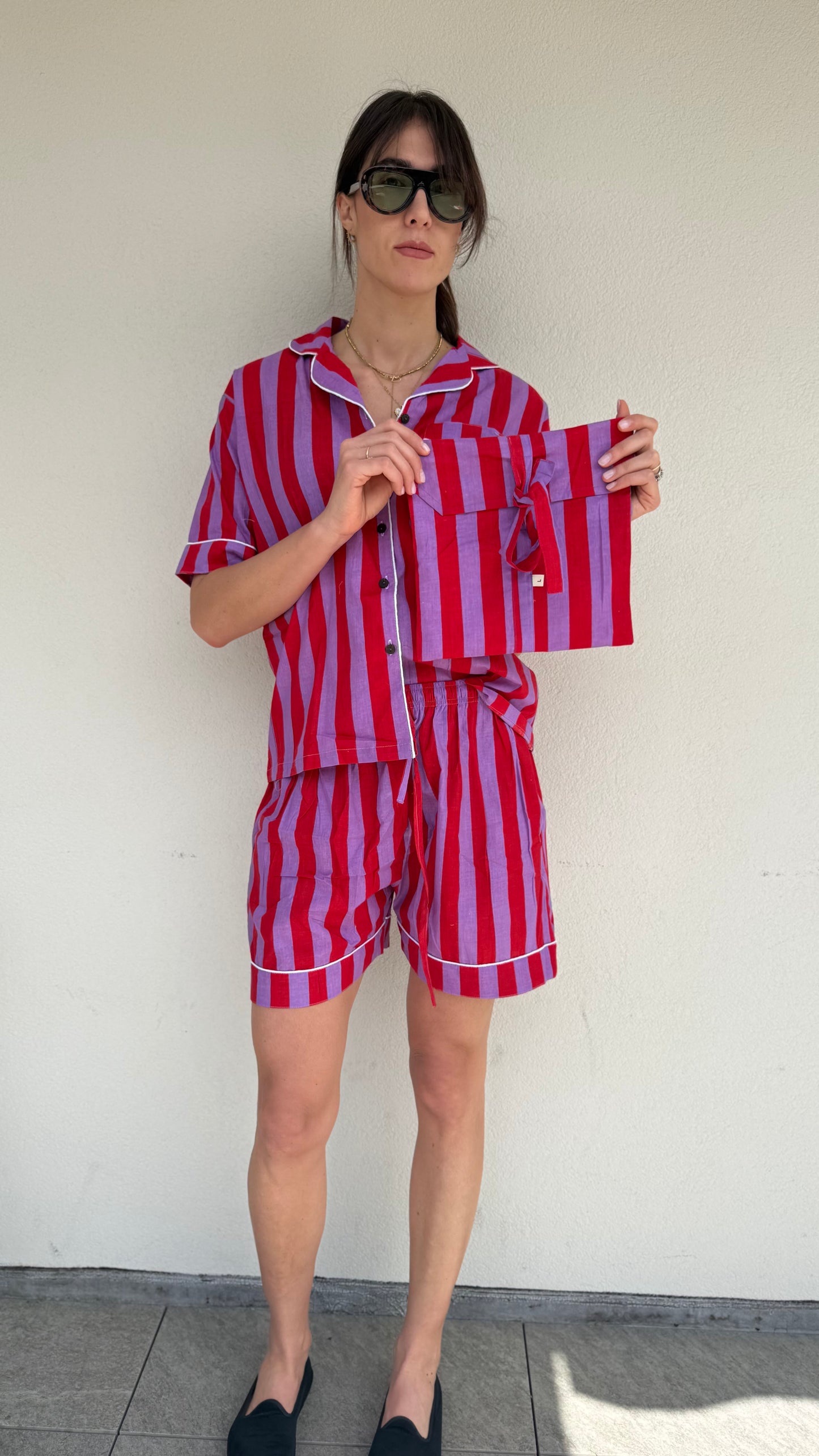 Pigiama corto 100% puro cotone organico righe viola e rosso,made in Jaipur