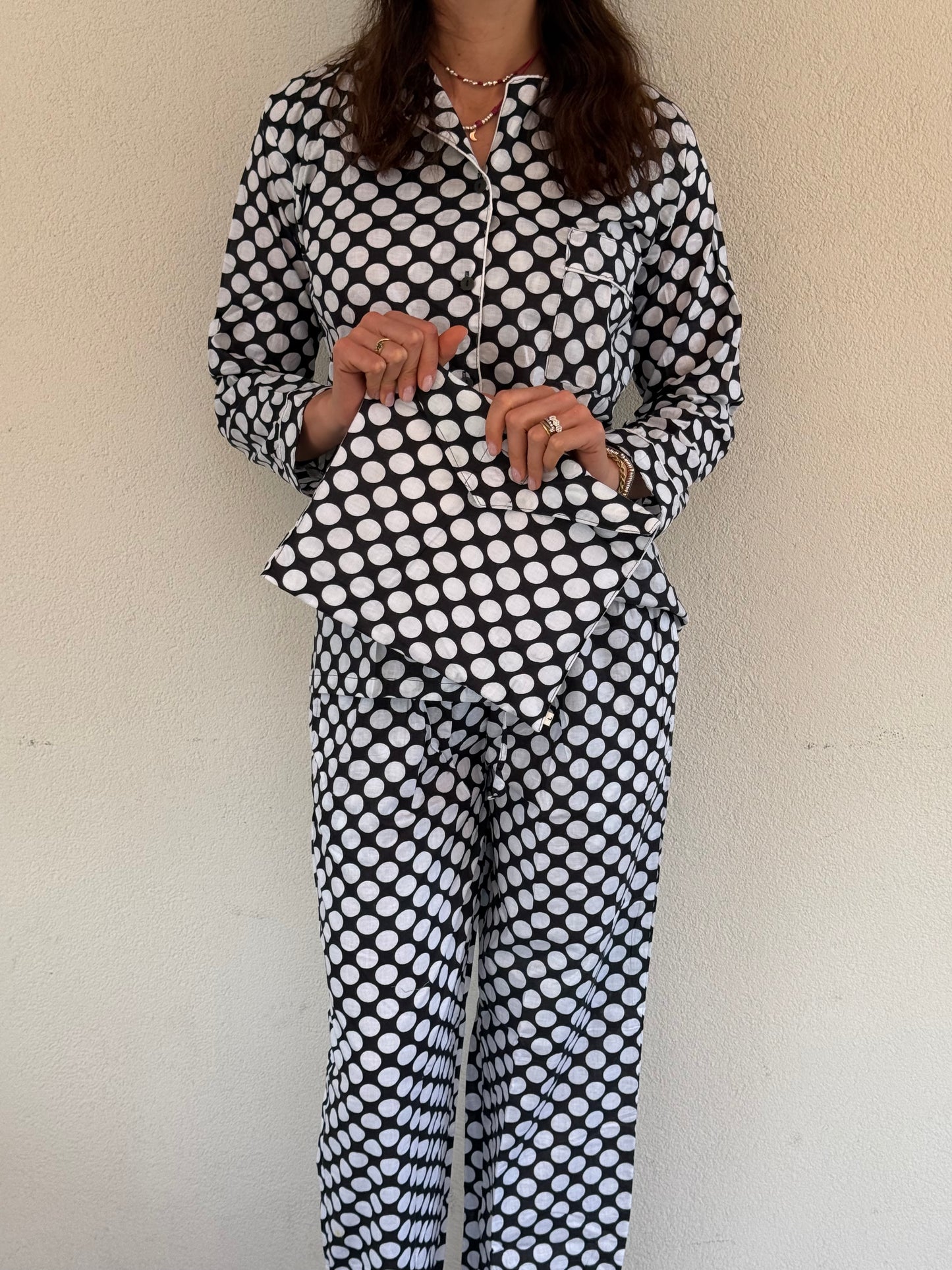 Pigiama lungo 100% puro cotone organico fantasia a pois made in Jaipur