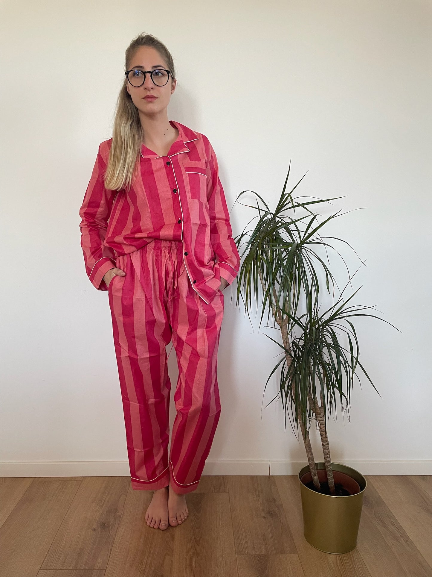 Pigiama lungo 100% puro cotone organico a righe, made in Jaipur