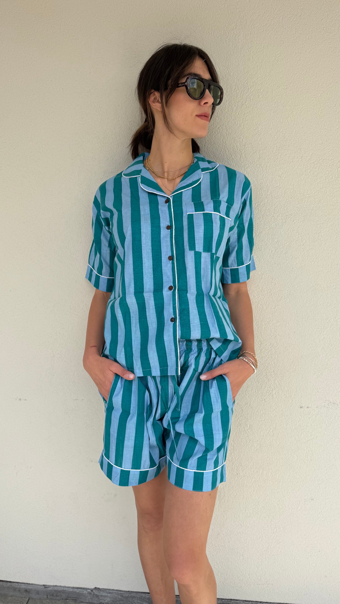 Pigiama corto 100% puro cotone organico righe blu verde ,made in Jaipur