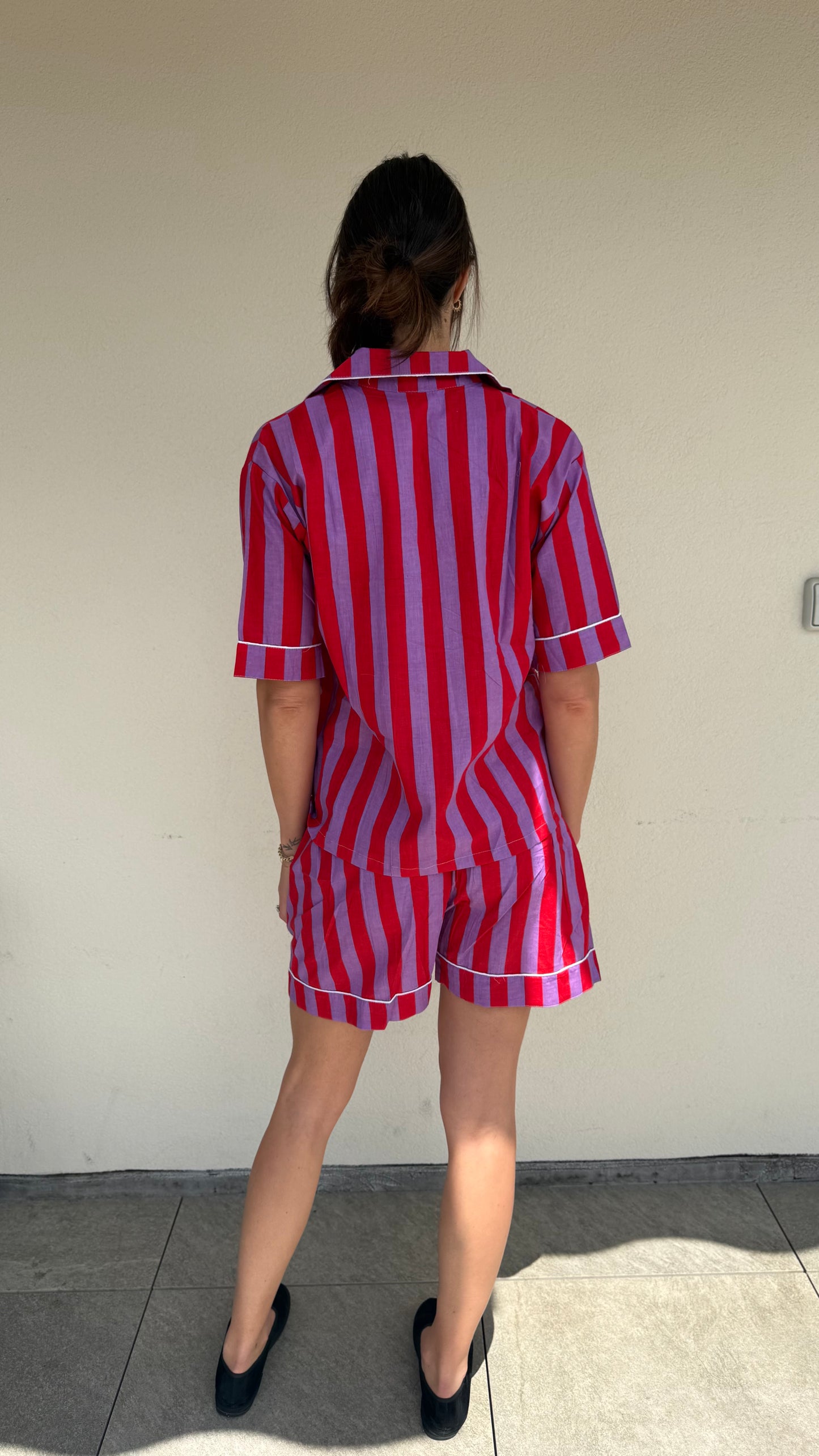 Pigiama corto 100% puro cotone organico righe viola e rosso,made in Jaipur