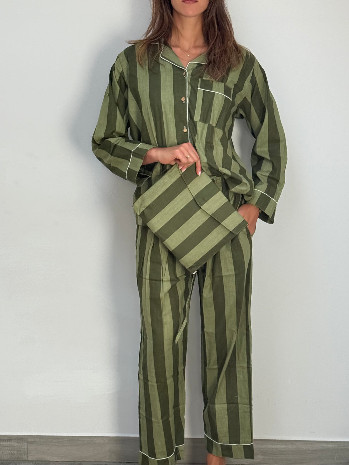 Le Righe - Pigiama lungo 100% puro cotone organico, a righe verde