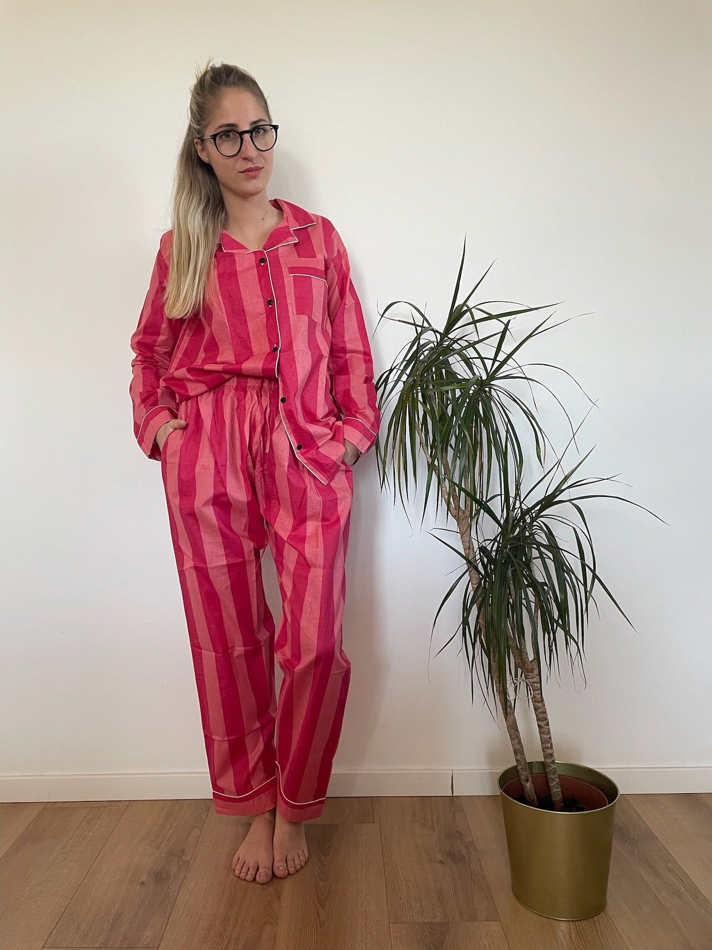 Pigiama lungo 100% puro cotone organico a righe, made in Jaipur