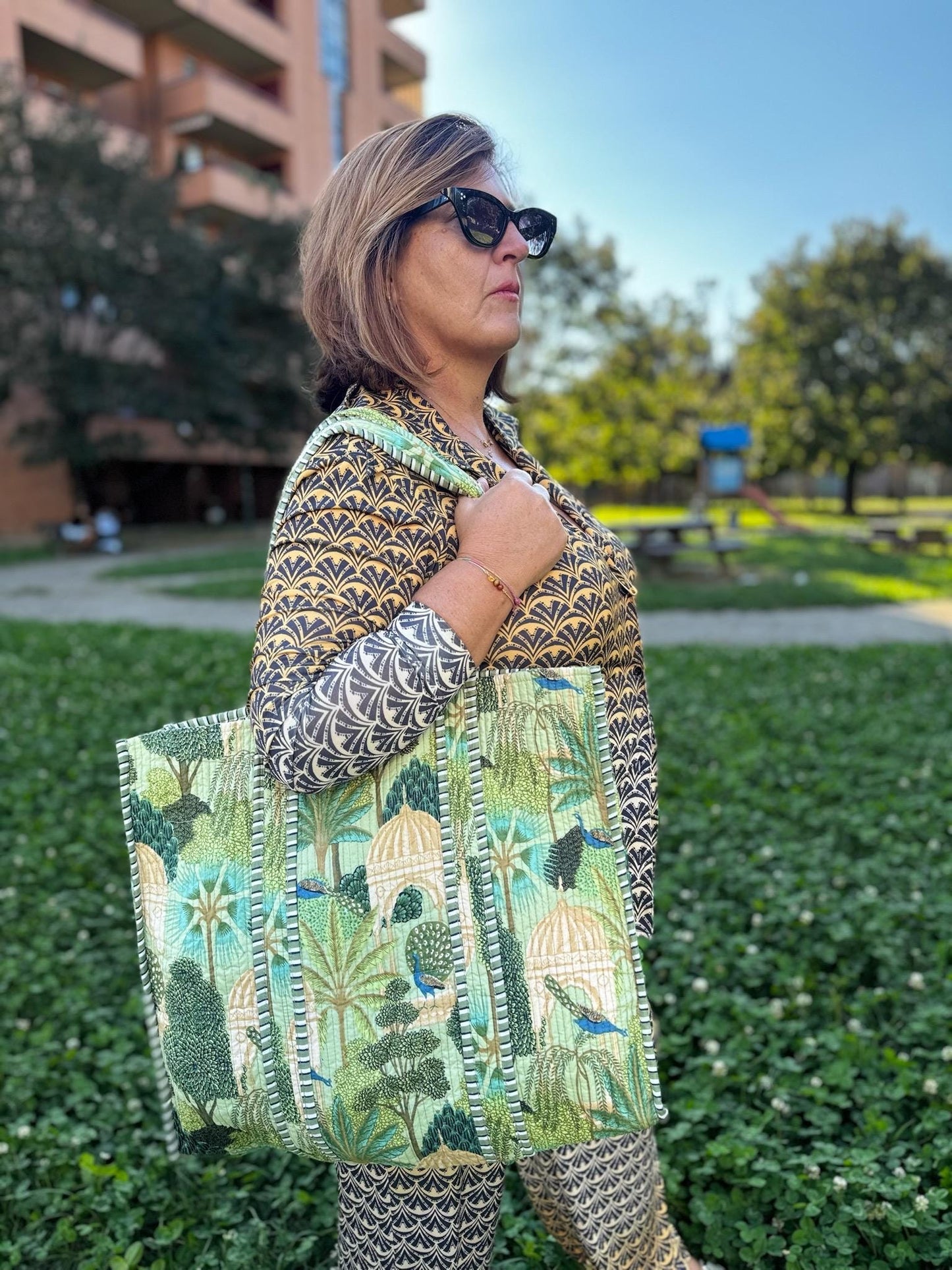 Borsa shopping a spalla stampata in cotone