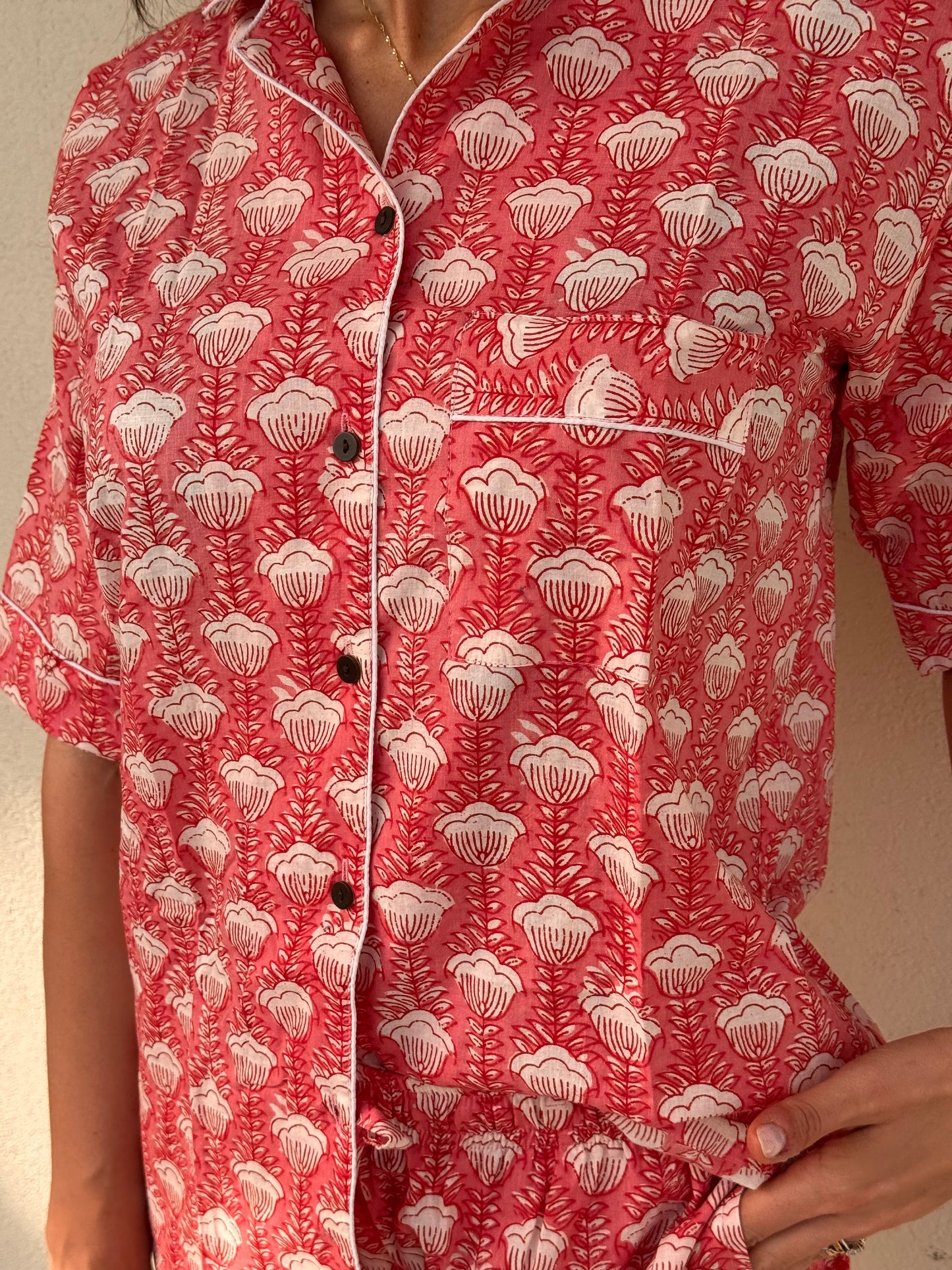 Pigiama corto 100% puro cotone organico campanelle rosa, made in Jaipur