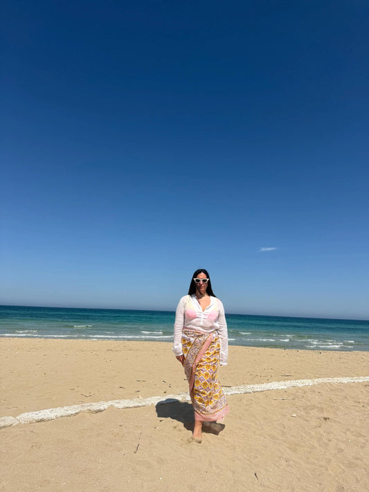 Pareo in mussola di cotone, tessuto stampato a mano. Fantasia floreale.A2