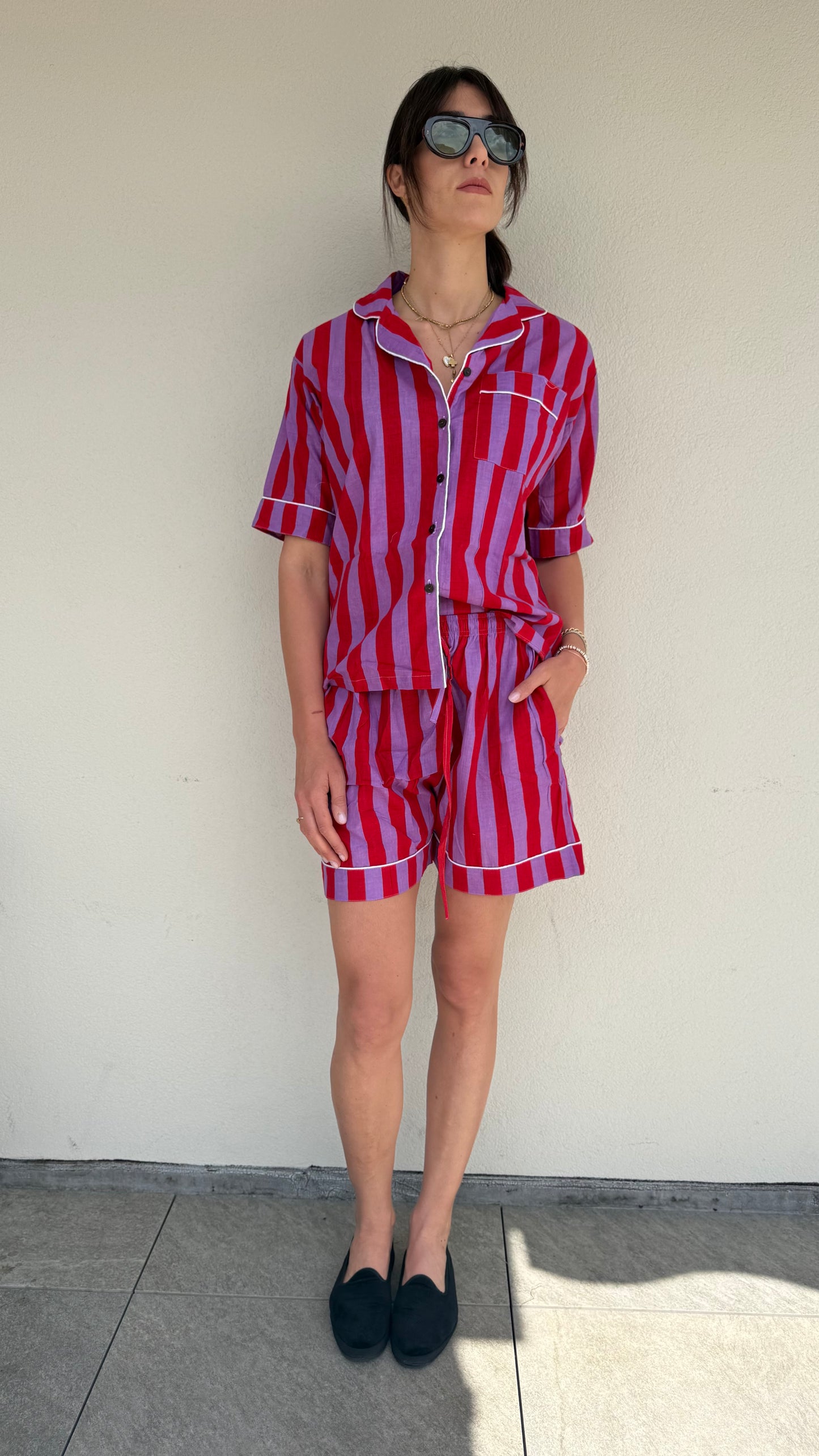Pigiama corto 100% puro cotone organico righe viola e rosso,made in Jaipur