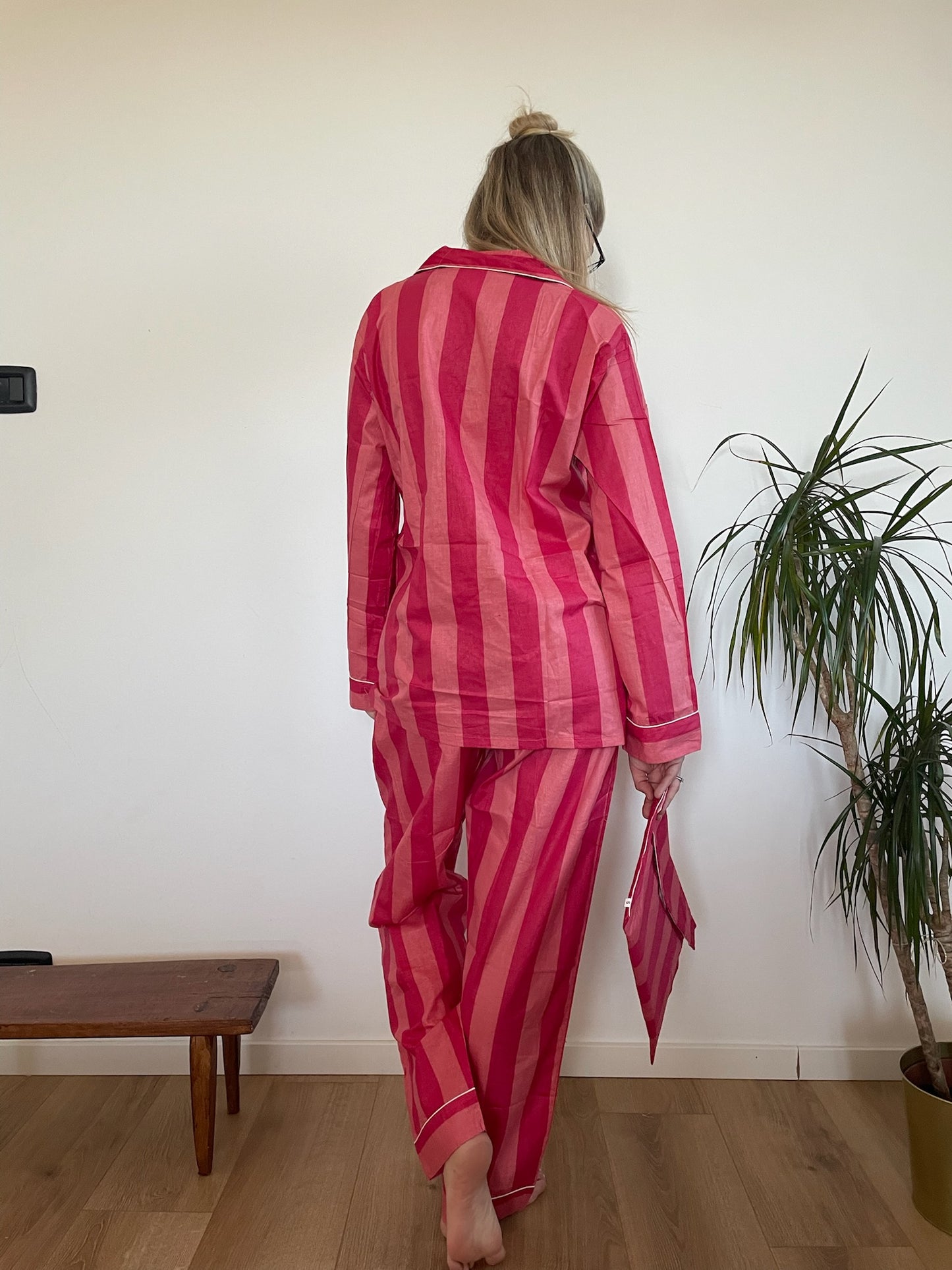 Pigiama lungo 100% puro cotone organico a righe, made in Jaipur