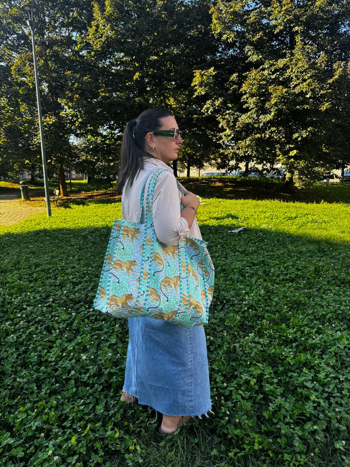 Borsa shopping a spalla stampata in cotone, Borsa trapuntata fatta a mano da donna, borsa tote fatte a mano etniche, Borsa made in India