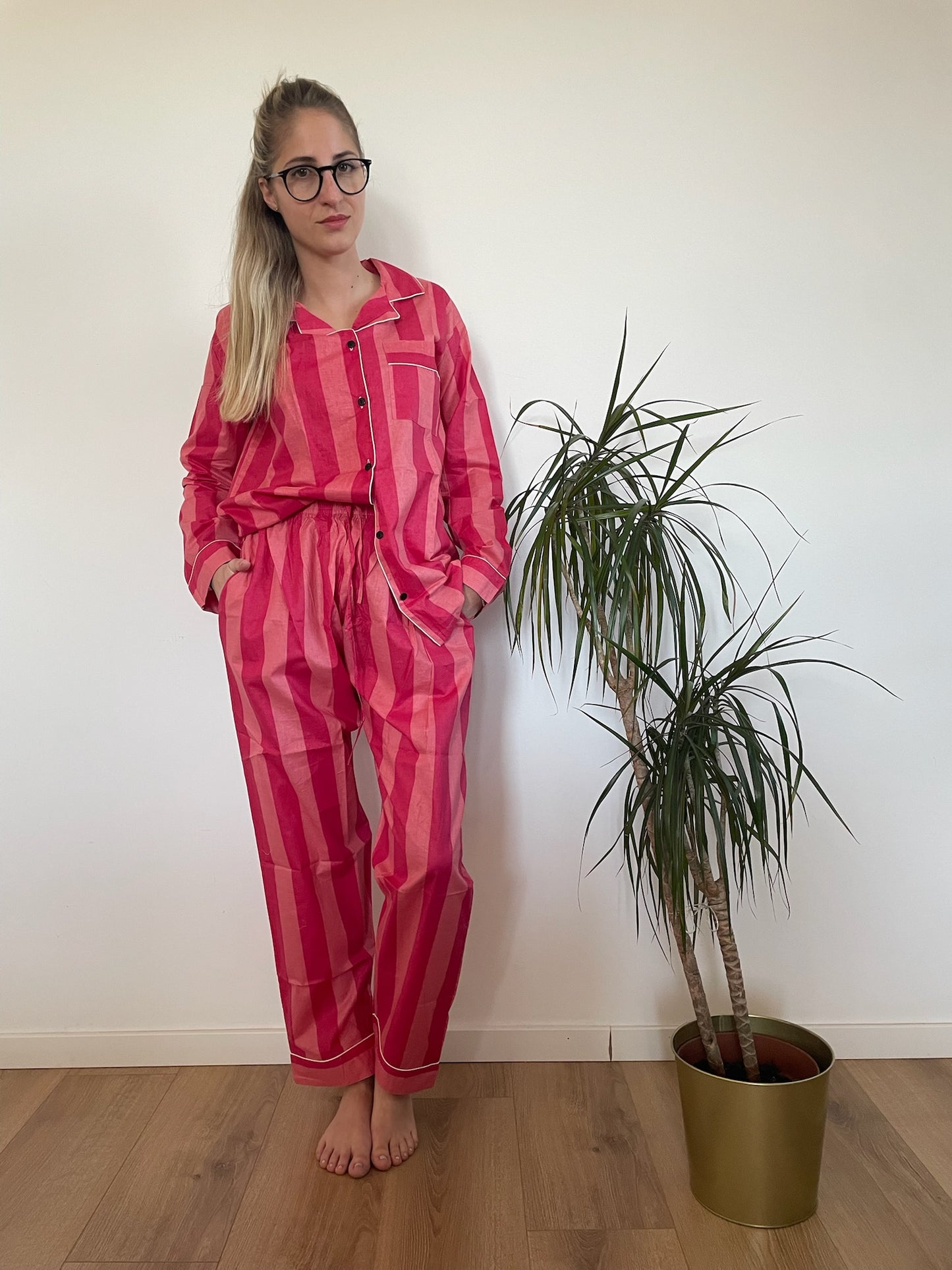 Pigiama lungo 100% puro cotone organico a righe, made in Jaipur