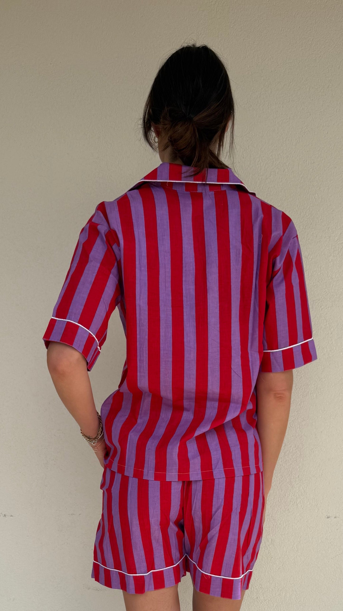 Pigiama corto 100% puro cotone organico righe viola e rosso,made in Jaipur