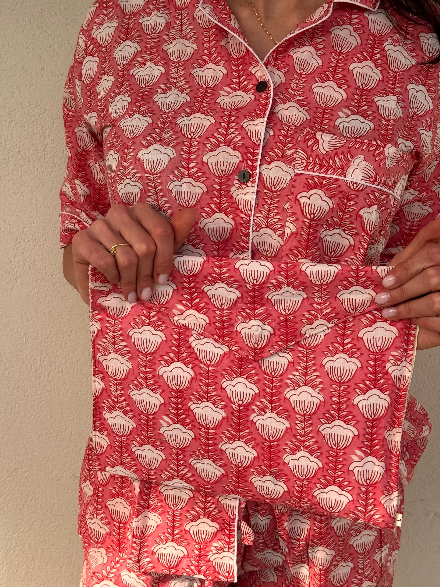 Pigiama corto 100% puro cotone organico campanelle rosa, made in Jaipur