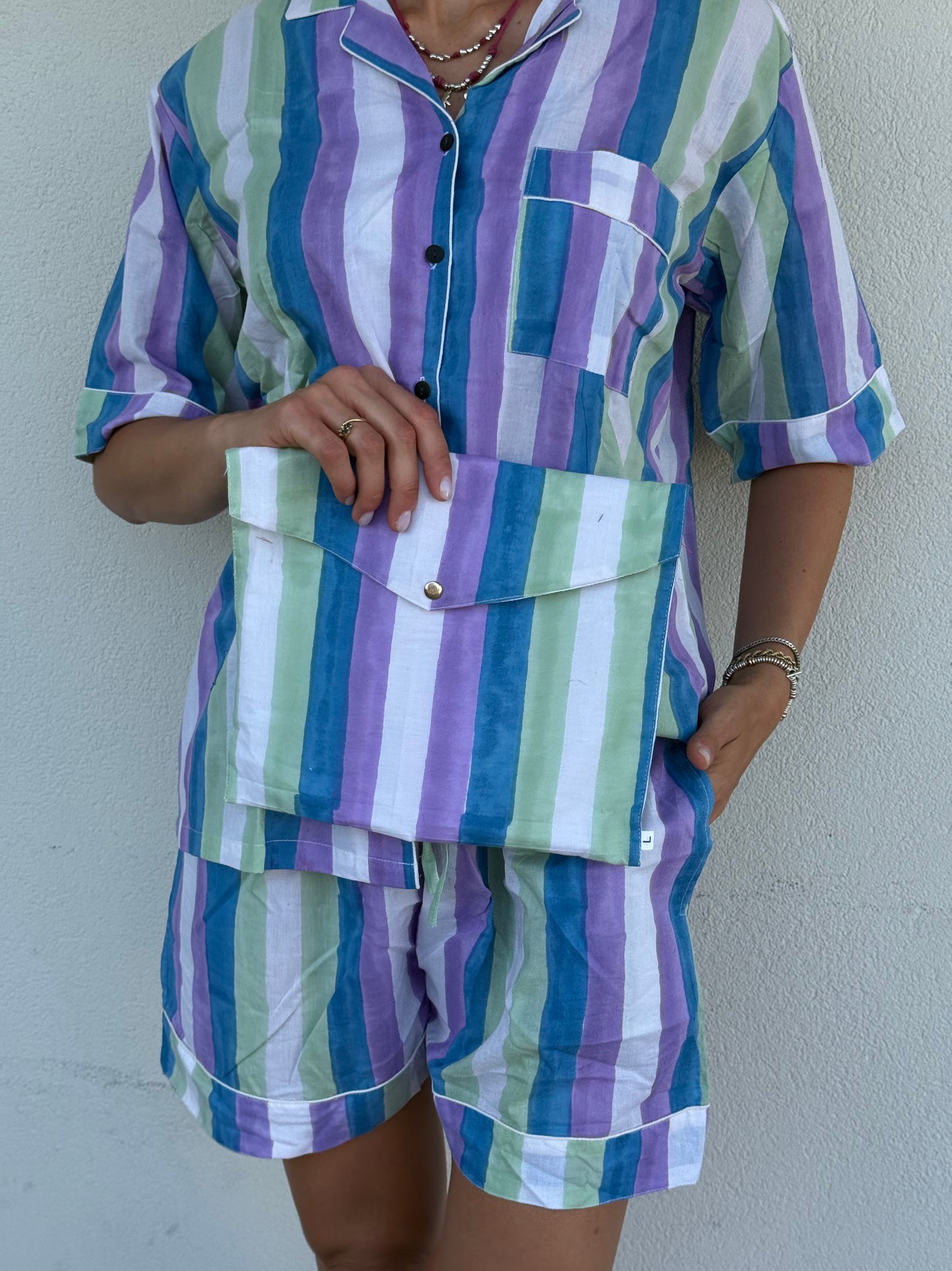 Pigiama corto 100% puro cotone organico righe acquerello, made in Jaipur L