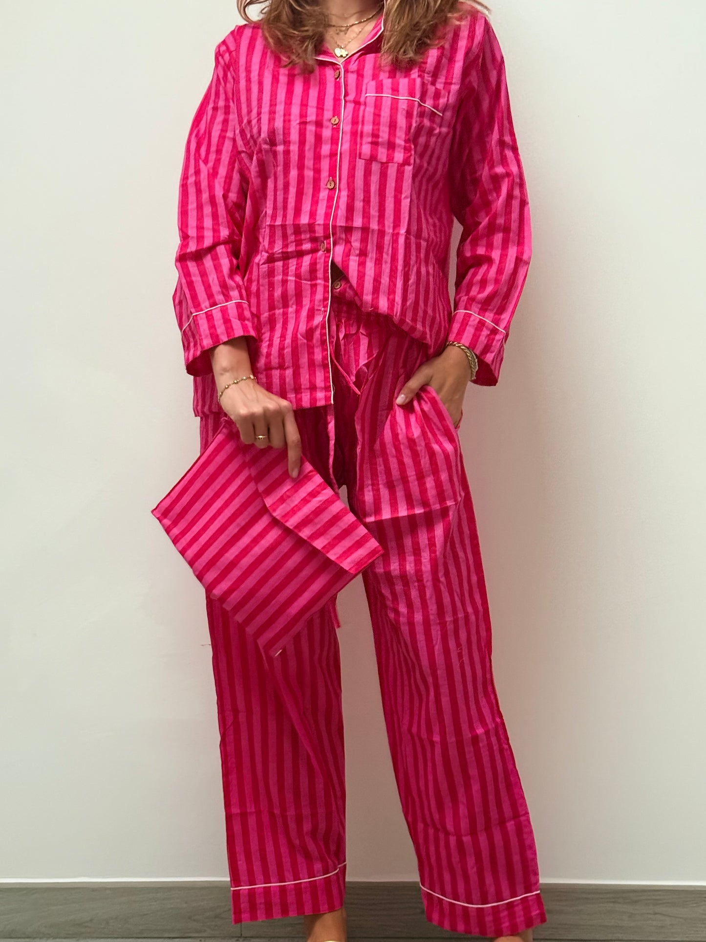 Nuova collezione - Pigiama lungo 100% puro cotone organico a righe rosa