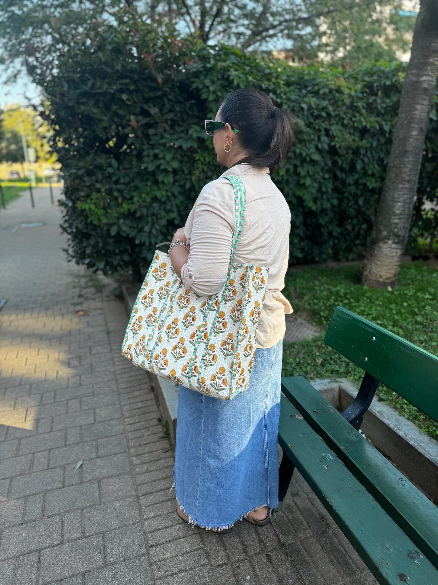 Borsa shopping a spalla stampata in cotone, Borsa trapuntata fatta a mano da donna, borsa tote fatte a mano etniche, Borsa made in India