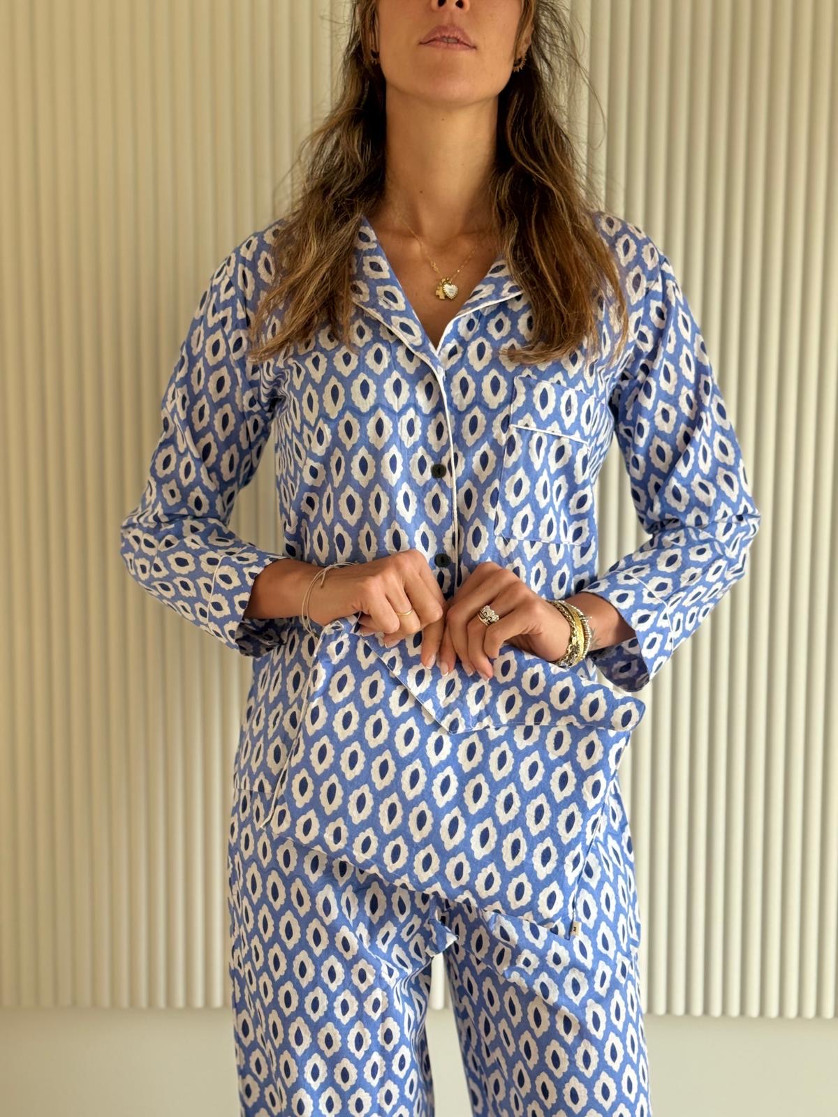 Nuova collezione - Pigiama lungo 100% puro cotone organico fantasia specchietti azzurro