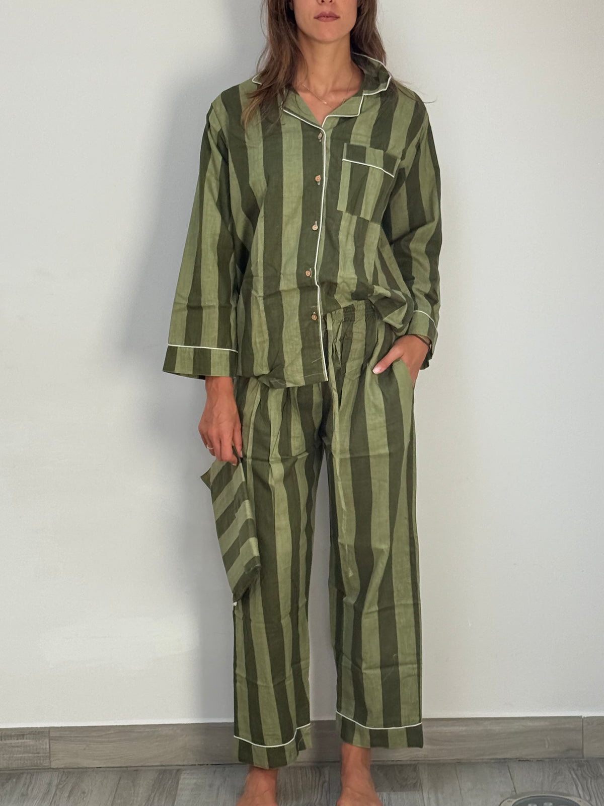 Le Righe - Pigiama lungo 100% puro cotone organico, a righe verde