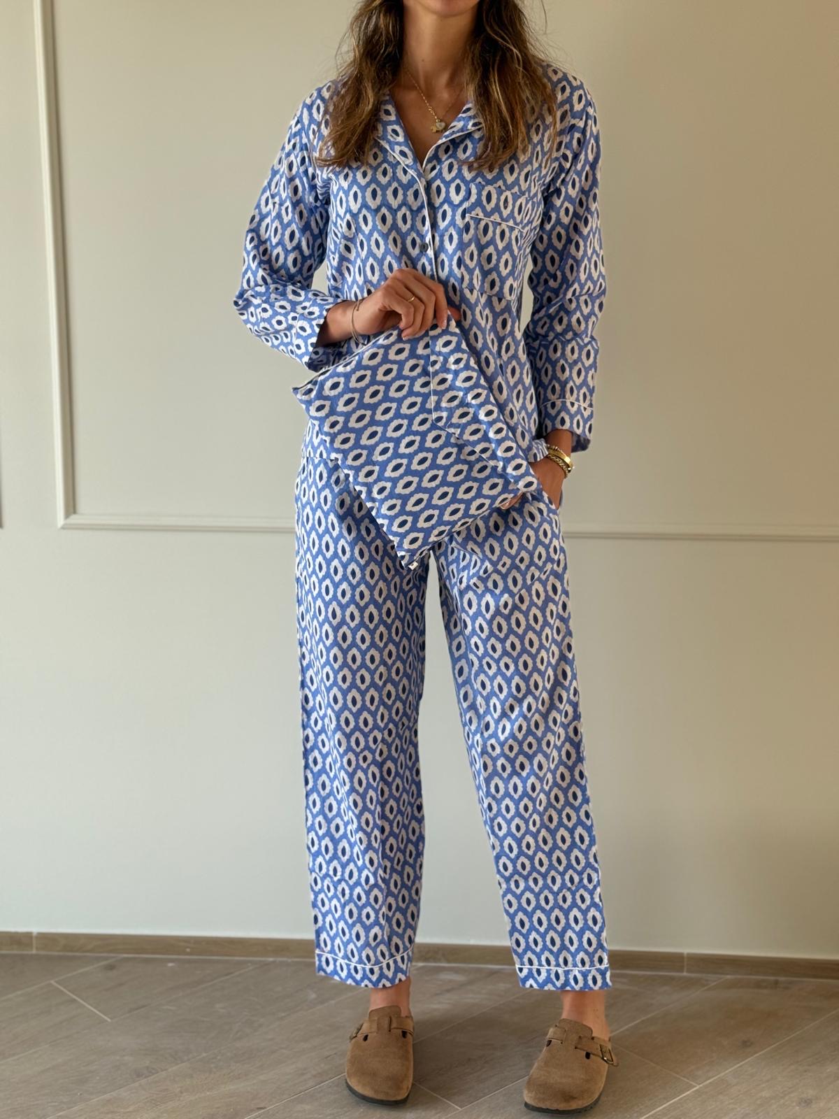Nuova collezione - Pigiama lungo 100% puro cotone organico fantasia specchietti azzurro
