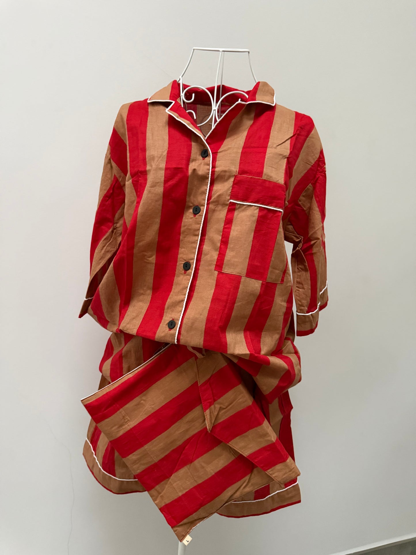 Pigiama corto 100% puro cotone organico righe rosso e beige