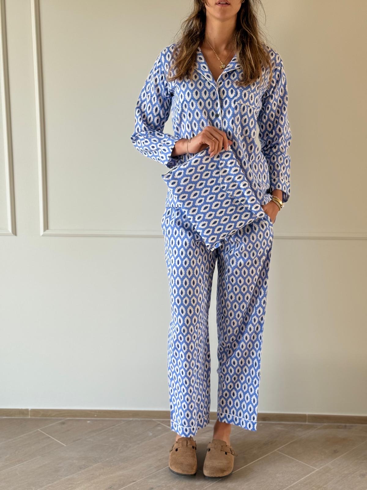 Nuova collezione - Pigiama lungo 100% puro cotone organico fantasia specchietti azzurro