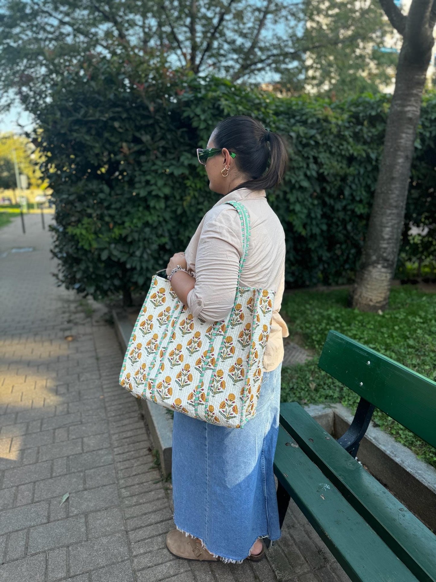 Borsa shopping a spalla stampata in cotone, Borsa trapuntata fatta a mano da donna, borsa tote fatte a mano etniche, Borsa made in India