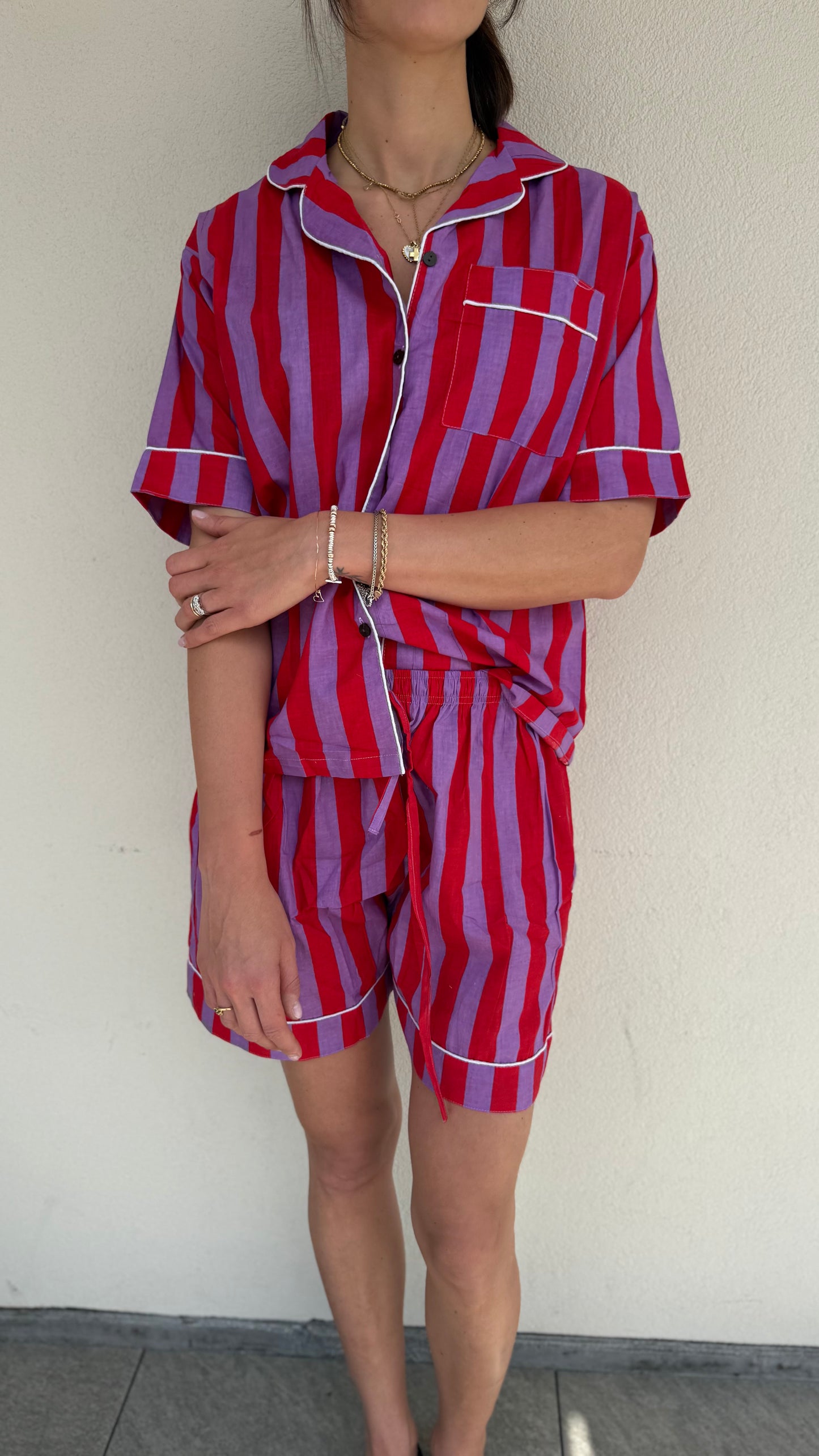 Pigiama corto 100% puro cotone organico righe viola e rosso,made in Jaipur