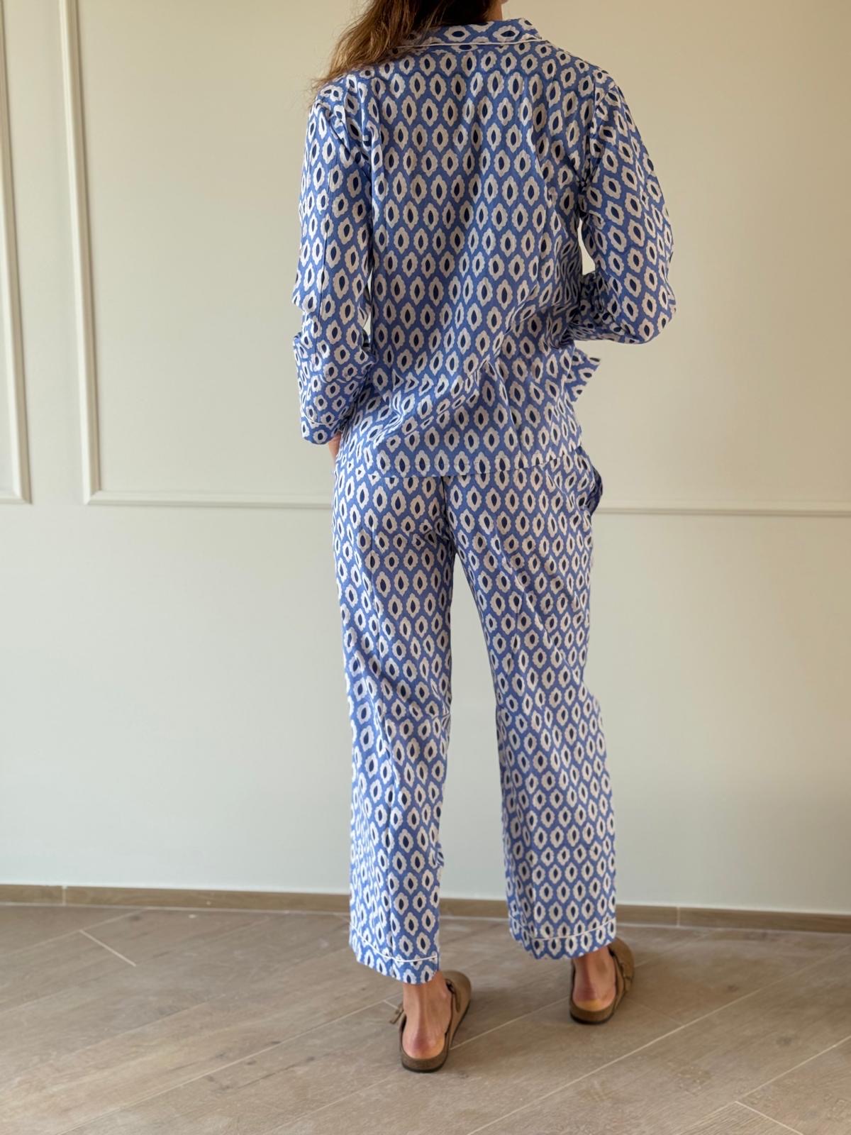 Nuova collezione - Pigiama lungo 100% puro cotone organico fantasia specchietti azzurro
