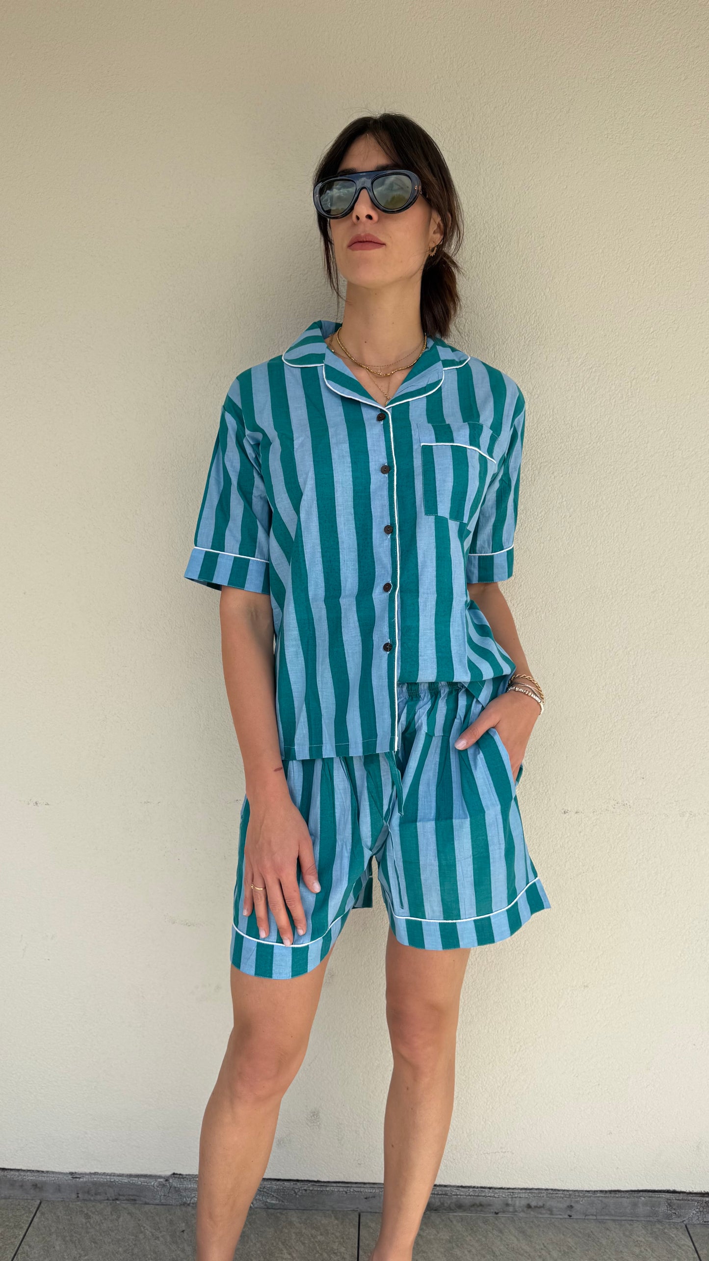 Pigiama corto 100% puro cotone organico righe blu verde ,made in Jaipur