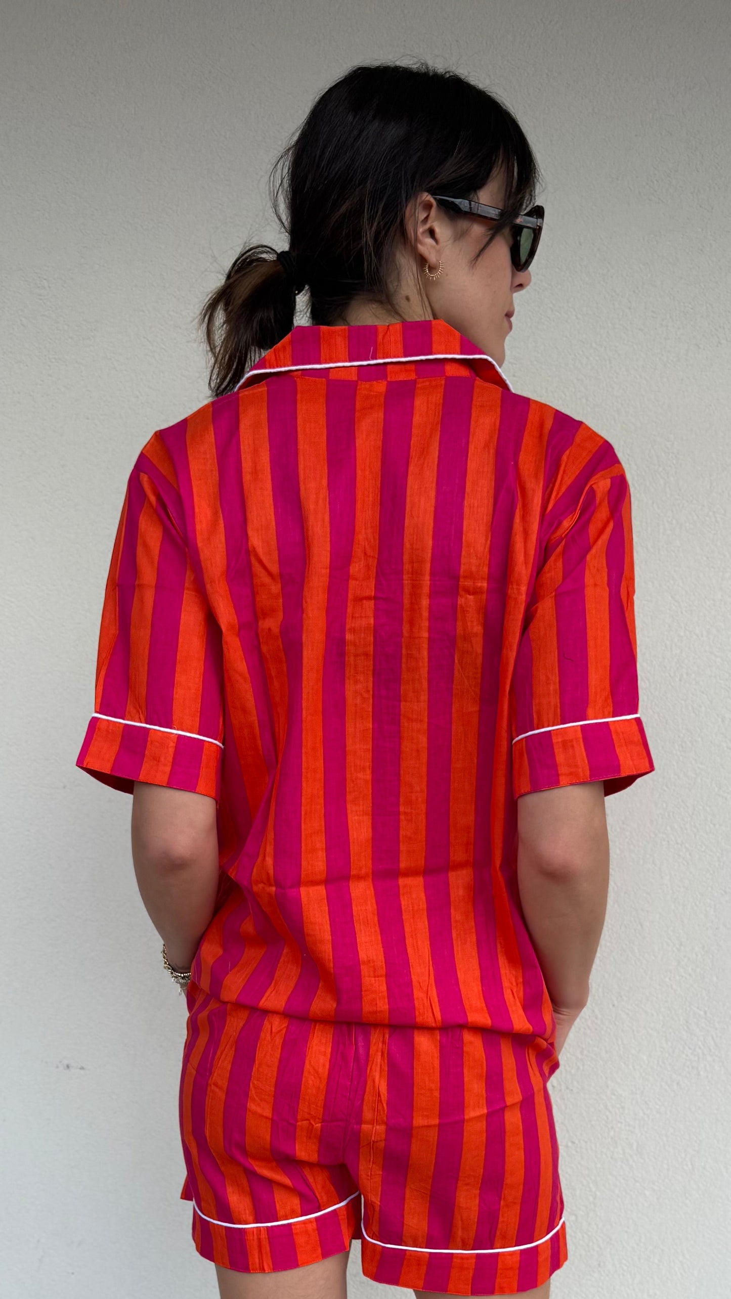Pigiama corto 100% puro cotone organico righe arancio fuxia,made in Jaipur